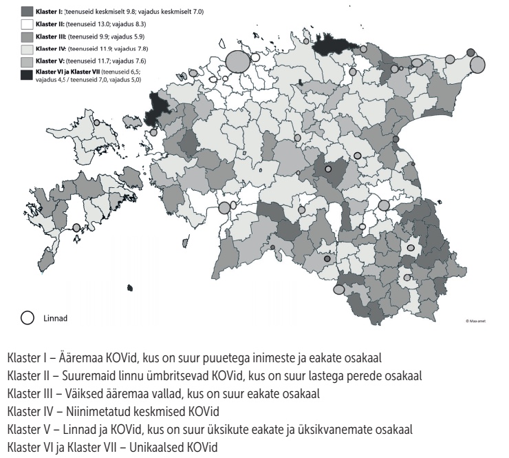 Sotsiaaldemograafilised KOVide klastrid ja teenuste kättesaadavus enne 2017. a haldusreformi Eesti kaardil