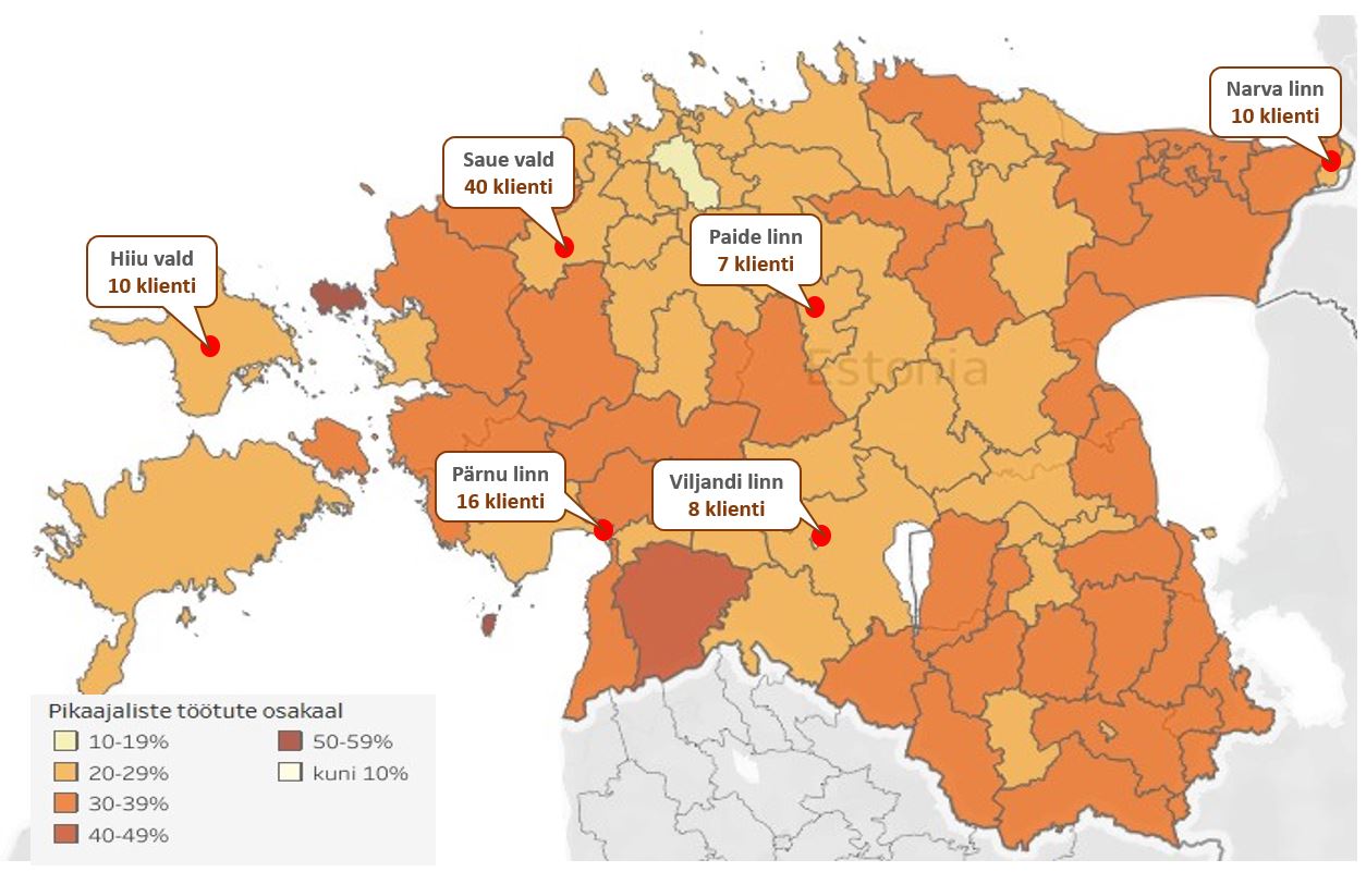 Joonis pikaajaliste töötute osatähtsusega omavalitsustes.