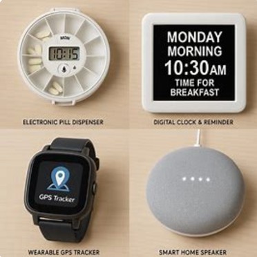 Dementsusega inimese toimetulekut aitavad toetada mitmesugused seadmed, näiteks ravimidosaator, positsioneerimist võimaldav nutikell, häirenupp, elektrooniline kalender jm. AI abil loodud illustreeriv pilt.