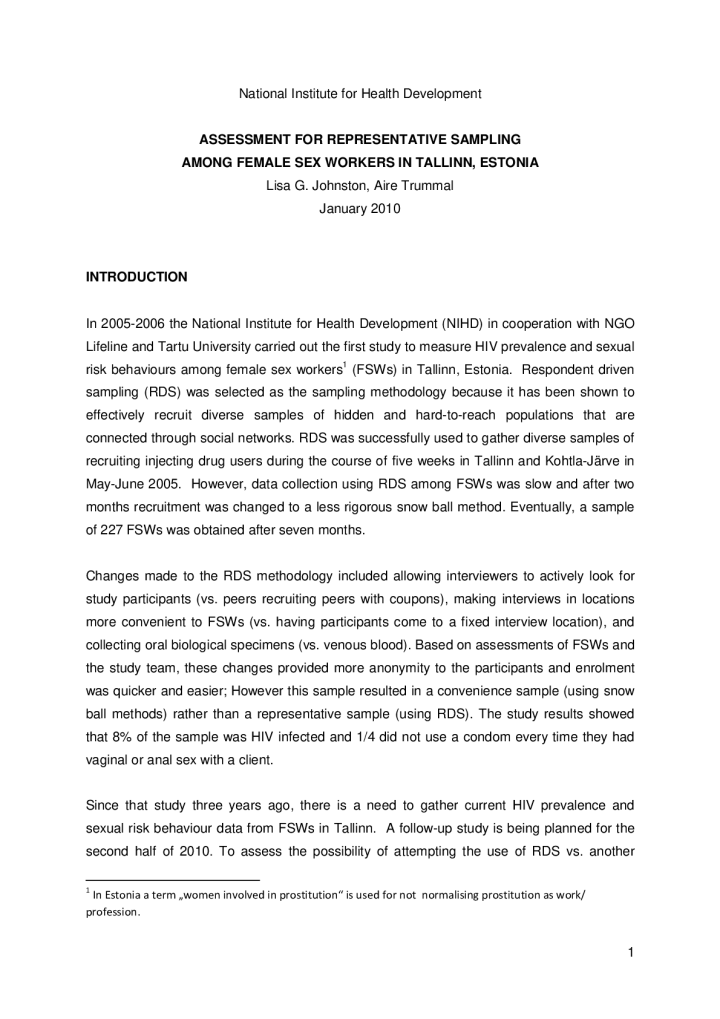 Assessment for representative sampling among female sex workers in Tallinn, Estonia