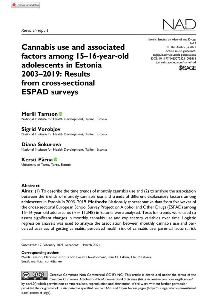 Cannabis use and associated factors among 15–16-year-old adolescents in Estonia2003–2019_Results from cross-sectional ESPAD surveys_0